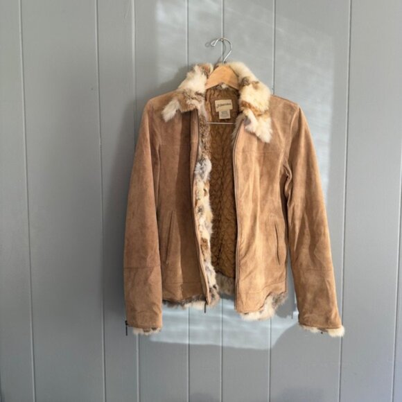 Vintage Suede Fur Trim Jacket Rabbit Collar Cuffs Y2K Mob Wife Boho Chic Medium - Picture 9 of 12